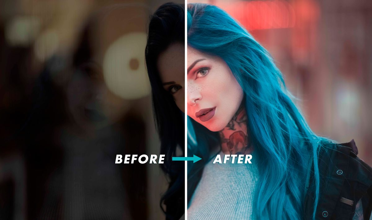 A slider showing before and after of a preset used on a model photo.